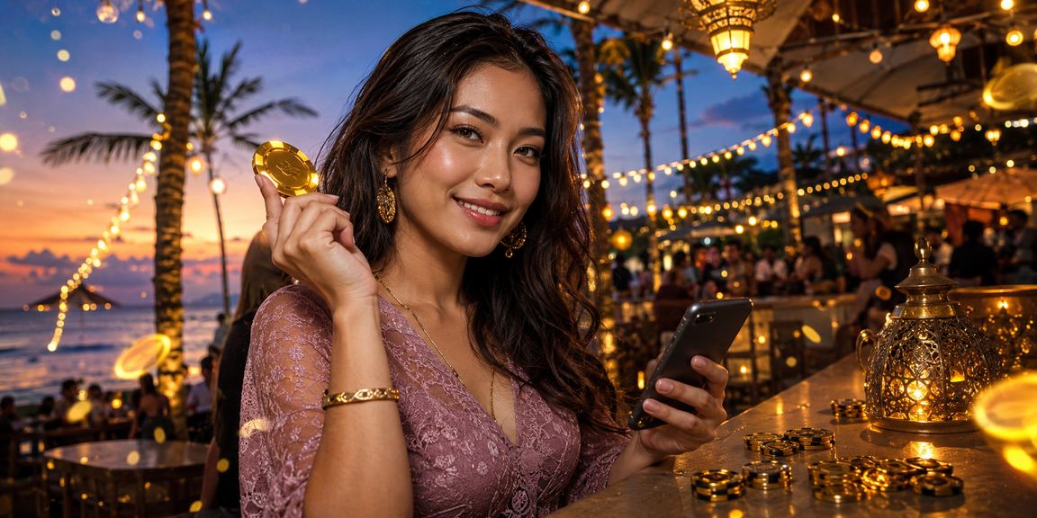 Pemain perempuan menikmati casino online di pantai dengan ponsel